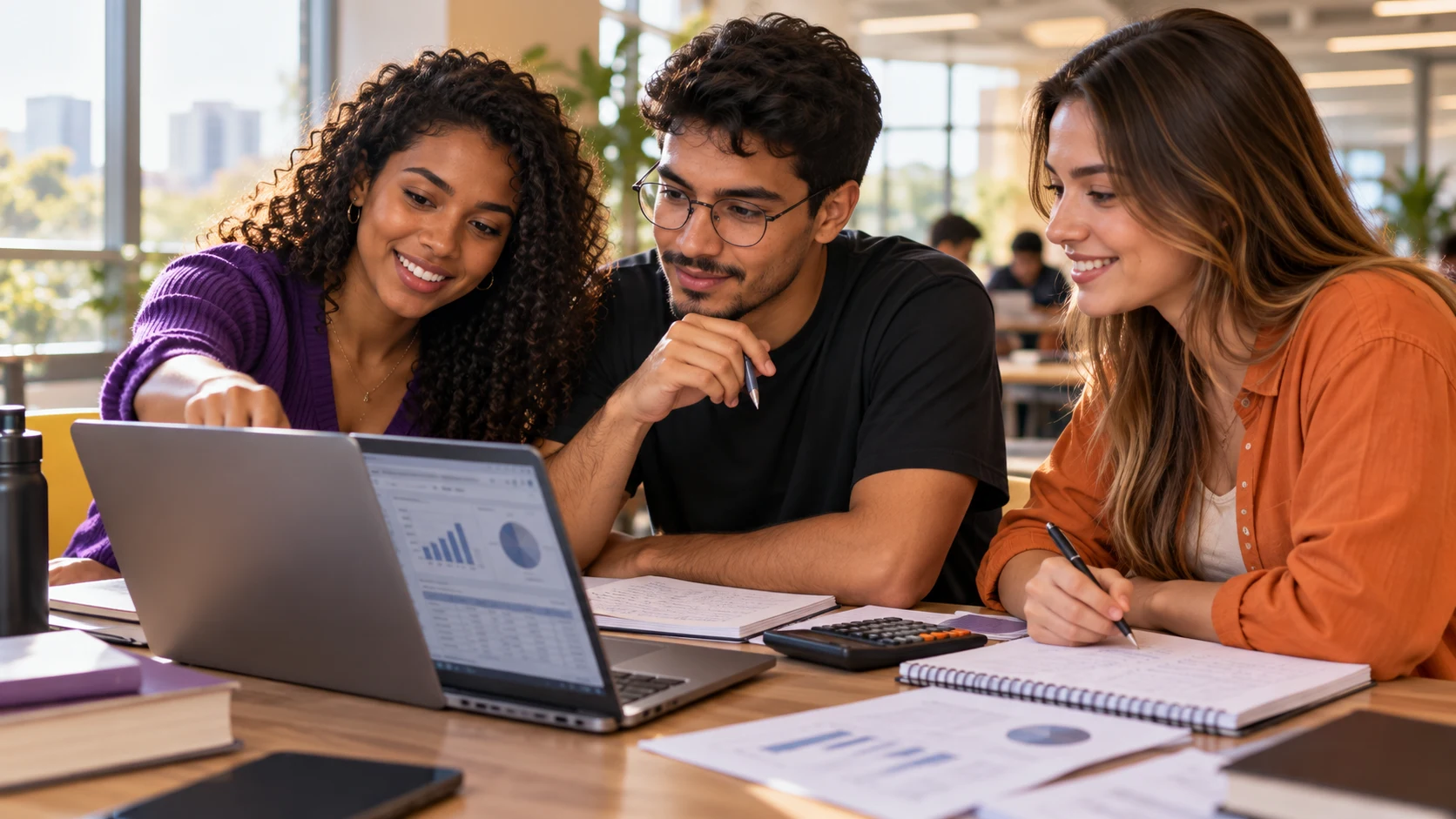 Universitários analisando informações financeiras em um computador
