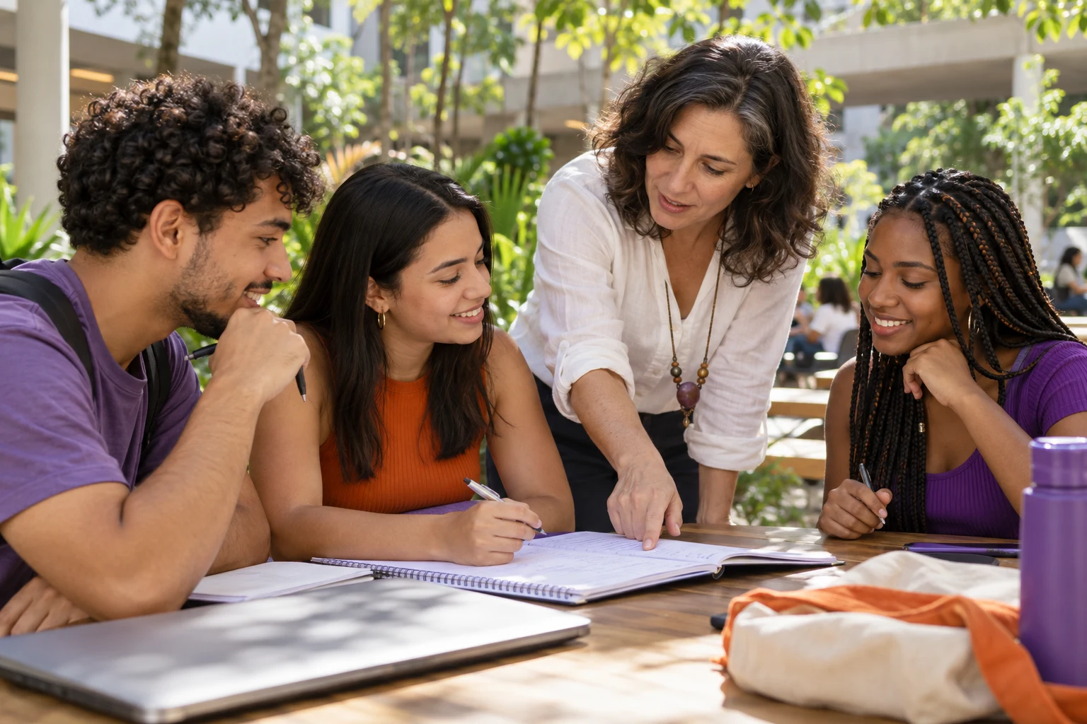 Grupo de universitários discutindo um projeto com uma professora