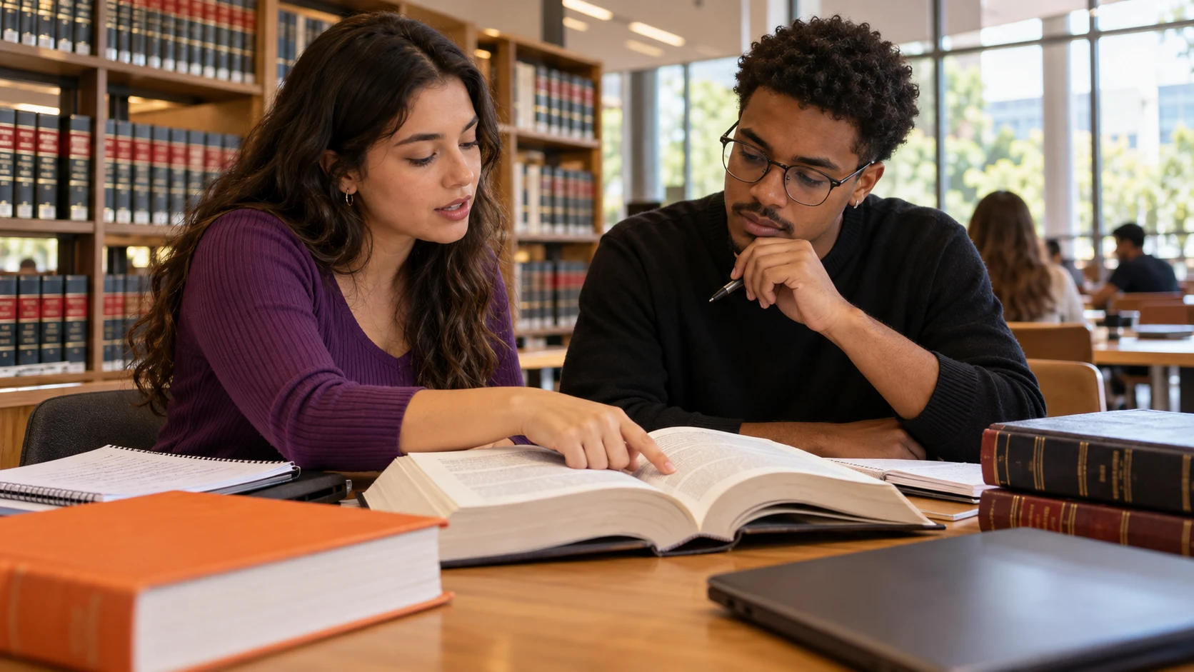 Estudantes consultando livros de Direito na biblioteca